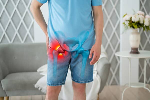 man with illustration of hip replacement