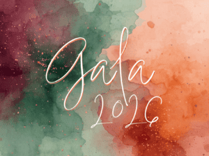 Gala 2022 event invitation with colorful watercolor background and elegant script font.